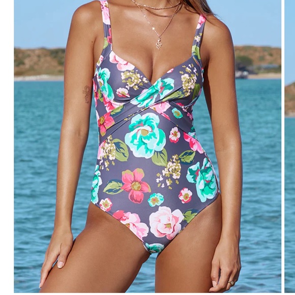 Floral Print Twist Front One Piece Swimsuit - Picture 2 of 9